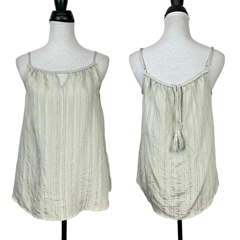 Doe & Rae Light Green Gray Stripe Strappy Back Tassel Summer Breathable Tank